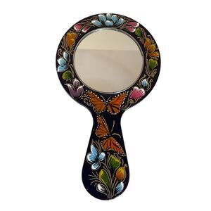 Hand-Painted Mexican Wooden Mirror –  Floral and Butterfly  Design
